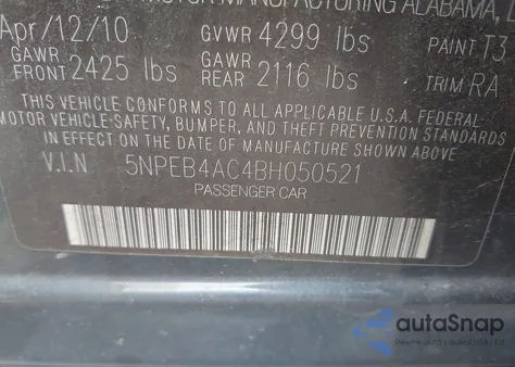 2011 Hyundai Sonata Gls from USA, damaged, VIN 5NPEB4AC4BH050521